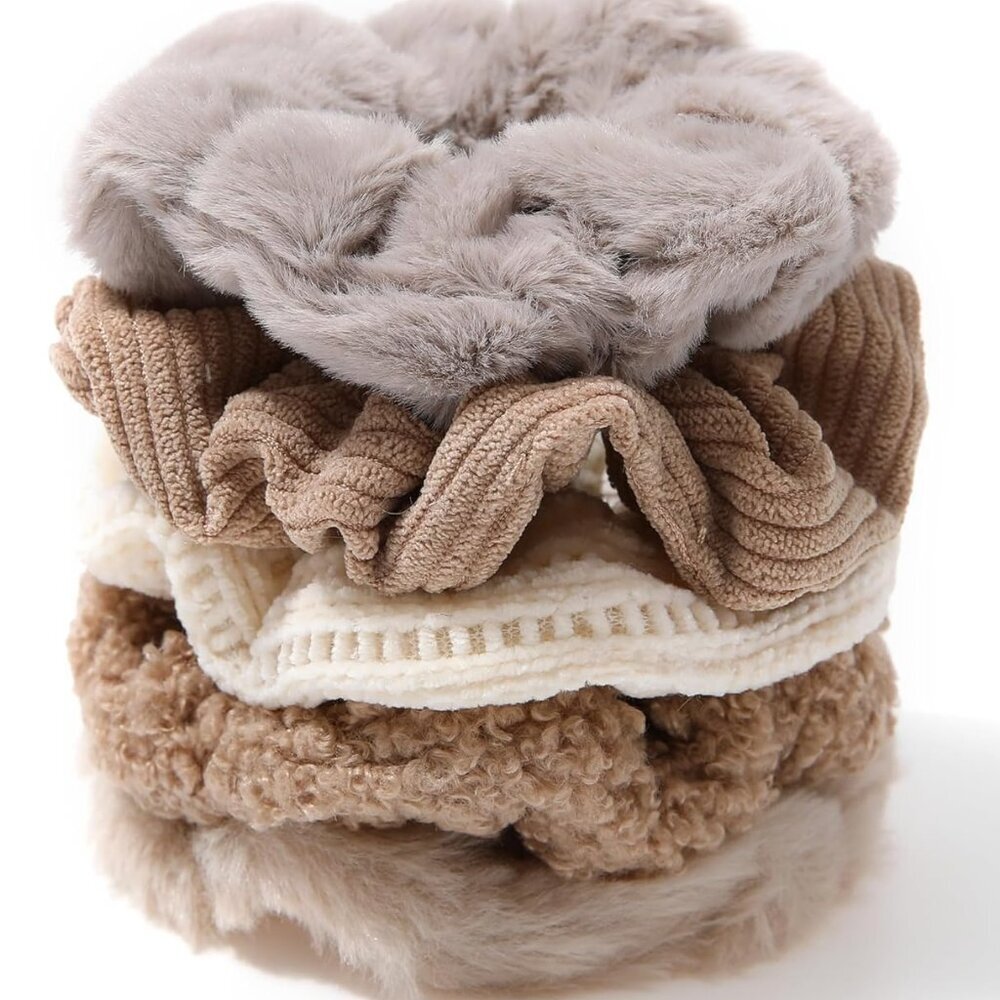 5 Pcs Khaki Furry Hair Scrunchies  Versatile Elastic Ties For All Hair Types